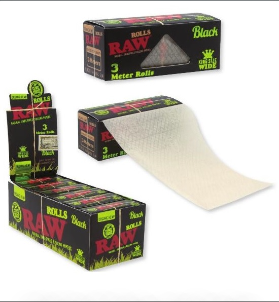 Rolovací papírky RAW BLACK ORGANIC ROLLS, 3m v balení | box 24ks